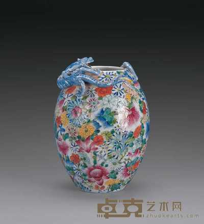 民国 粉彩万花地螭龙蝠纹洗 6.2×17cm